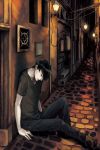  alley bad_id bad_pixiv_id black_hair black_pants cia0_cia door foot_out_of_frame knee_up lamppost looking_down male_focus night original outdoors pale_skin pants shirt sitting solo t-shirt 