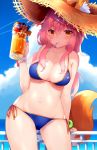  animal_ear_fluff animal_ears bikini blue_bikini breasts cleavage commentary fate/grand_order fate_(series) fox_ears fox_tail hat highres large_breasts parfait pink_hair shouu-kun side-tie_bikini spoon_in_mouth straw_hat sun_hat swimsuit tail tamamo_(fate)_(all) tamamo_no_mae_(swimsuit_lancer)_(fate) wide_hips yellow_eyes 