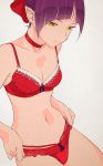  1girl adjusting_clothes adjusting_panties akagi_(fmttps) artist_name bangs bow bra breasts choker cleavage closed_mouth collarbone eyebrows_visible_through_hair fingernails gegege_no_kitarou hair_bow highres lingerie looking_down navel nekomusume nekomusume_(gegege_no_kitarou_6) panties pointy_ears purple_hair red_bow red_bra red_choker red_panties ribbon_bra ribbon_panties short_hair simple_background small_breasts solo underwear underwear_only yellow_eyes 