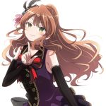  bang_dream! bangs black_choker black_feathers black_sleeves blush bow bowtie brown_hair choker detached_sleeves earrings eyebrows_visible_through_hair feathers green_eyes hair_feathers half_updo highres imai_lisa index_finger_raised jewelry lace lace-trimmed_sleeves lace_choker long_hair looking_at_viewer pochita red_neckwear simple_background smile solo upper_body white_background 