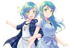  2girls :d aqua_hair bang_dream! blue_dress blue_shirt blush dress eyebrows_visible_through_hair green_eyes hikawa_hina hikawa_sayo jewelry locked_arms long_hair multiple_girls necklace open_mouth plaid plaid_shirt pointing shati shirt short_hair short_sleeves siblings side_braids simple_background sisters sleeves_folded_up smile sparkle sparkling_eyes twins white_background white_dress 