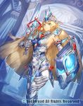  armor big_hair blonde_hair breasts cardfight!!_vanguard closed_mouth commentary_request elbow_gloves eyebrows_visible_through_hair gauntlets gloves green_eyes helmet holding holding_sword holding_weapon long_hair melon22 official_art shield sideboob smile solo standing sword very_long_hair watermark weapon 