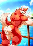  2018 5_fingers abs absurd_res anthro balls biceps big_biceps big_muscles canine daikitei digital_media_(artwork) fur hi_res looking_at_viewer male mammal muscular muscular_male nipples outside pecs penis red_fur simple_background solo 
