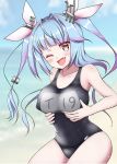 blue_hair breasts brown_eyes collarbone covered_nipples fang hair_ribbon highres i-19_(kantai_collection) kantai_collection kirigakure_(kirigakure_tantei_jimusho) large_breasts long_hair multicolored_hair name_tag one-piece_swimsuit one_eye_closed open_mouth purple_hair ribbon school_swimsuit smile solo swimsuit tri_tails two-tone_hair 