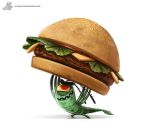  1_eye burger cheese cryptid-creations feral food fruit lettuce nickelodeon open_mouth plankton_(species) red_eyes sheldon_j._plankton simple_background solo spongebob_squarepants tomato vegetable white_background yellow_sclera 