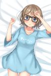  :o bad_id bad_pixiv_id bed_sheet black-framed_eyewear blue_eyes blue_shirt blush breasts clenched_hands collarbone glasses grey_hair hand_on_own_head hands_up highres love_live! love_live!_sunshine!! lying medium_breasts mtr_333 on_back on_bed open_mouth shirt short_hair short_sleeves solo watanabe_you 