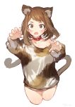  :o animal_ears bangs blush boku_no_hero_academia brown_eyes brown_hair cat_ears cat_tail choker collarbone cropped_legs eyebrows fang highres long_sleeves looking_at_viewer off_shoulder open_mouth oversized_clothes oversized_shirt paw_pose ryota_(ry_o_ta) shirt short_hair simple_background solo swept_bangs tail uraraka_ochako white_background 