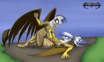  2014 anthro anthro_on_anthro areola avian beak big_breasts breast_fondling breast_grab breasts corona_bluewing da_goddamn_batguy duo erect_nipples eye_contact fan_character feathered_wings feathers female female/female fondling gryphon hand_on_breast mud mud_wrestling my_little_pony nipples nude pussy sex smile wings wrestling 