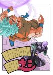  2boys belt blue_eyes blue_hair blurry boots clenched_hand copyright_name dougi dragon_ball dragon_ball_super dragonball_z energy_ball face_punch fighting_stance flying full_body hit_(dragon_ball) in_the_face looking_at_another male_focus multiple_boys punching red_eyes serious short_hair sleeveless son_gokuu spiked_hair wristband 