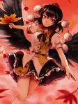  autumn_leaves black_hair black_neckwear black_wings bloomers collared_shirt cowboy_shot frilled_skirt frills hat hauchiwa highres kuya_(hey36253625) leaf looking_at_viewer pointy_ears pom_pom_(clothes) puffy_short_sleeves puffy_sleeves red_eyes red_hat shameimaru_aya shirt short_sleeves skirt smile socks solo tokin_hat touhou underwear white_legwear wings 