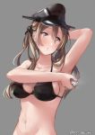  anchor armpit_onigiri black_bra blue_eyes blush bra breasts closed_mouth eyebrows_visible_through_hair hair_between_eyes hat juurouta kantai_collection large_breasts long_hair military military_hat military_uniform peaked_cap prinz_eugen_(kantai_collection) solo underwear undressing uniform 