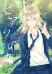  black_neckwear black_pants blonde_hair brown_eyes copyright_name day eyebrows_visible_through_hair forest formal fujiwara_rika gainax hand_in_pocket hand_up ichinose_kai instrument long_hair male_focus nature outdoors pants piano piano_keys piano_no_mori smile standing translated tree 