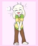  &lt;3 asriel_dreemurr blush boss_monster caprine child clothed clothing crackers cub mammal shirt simple_background smile t-shirt undertale video_games young 