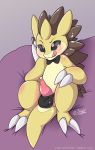  2018 balls blush claws clothed clothing cum digital_drawing_(artwork) digital_media_(artwork) english_text erection hi_res looking_at_viewer male mammal monster_mind nintendo penis pok&eacute;mon pok&eacute;mon_(species) sandslash simple_background smile solo text tongue tongue_out video_games ziggy_fox 