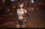  3d absurdres artist_name bangs bare_shoulders belt blair_armitage blurry blurry_background breasts brown_eyes brown_hair chocobo cleavage closed_mouth collarbone commentary_request dirty earrings elbow_gloves elbow_pads final_fantasy final_fantasy_vii fingerless_gloves gloves hand_on_hip highres jewelry large_breasts lips long_hair looking_at_viewer midriff miniskirt navel simple_background skirt solo suspender_skirt suspenders tifa_lockhart torn_clothes 