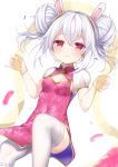  animal_ears azur_lane bangs blush bracelet breasts bunny_ears china_dress chinese_clothes closed_mouth commentary_request double_bun dress eyebrows_visible_through_hair feathers fingernails floral_print hair_between_eyes hair_ornament hairband hands_up highres jewelry koko_ne_(user_fpm6842) laffey_(azur_lane) looking_at_viewer pearl_bracelet pink_dress pink_feathers print_dress puffy_short_sleeves puffy_sleeves purple_eyes short_sleeves side_bun sidelocks silver_hair small_breasts smile solo thighhighs white_legwear 