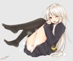  adjusting_clothes adjusting_legwear black_legwear black_serafuku crescent crescent_moon_pin flying_sweatdrops grey_background kantai_collection kikuzuki_(kantai_collection) long_hair long_sleeves nagi_(shunsuke-manage) no_shoes one_eye_closed open_mouth panties pantyhose pantyhose_pull pleated_skirt pulled_by_self red_eyes school_uniform serafuku signature simple_background sitting skirt solo twitter_username underwear white_hair white_panties 