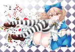  alice_(wonderland) alice_(wonderland)_(cosplay) alice_in_wonderland apron blue_bow blue_dress blush bow brown_eyes brown_hair card checkered checkered_background club_(shape) cosplay diamond_(shape) dress finger_to_mouth frilled_apron frilled_dress frills hair_bow heart highres kantai_collection kirigakure_(kirigakure_tantei_jimusho) legs legs_up magatama mary_janes neck_ribbon outline panties pantyshot pantyshot_(sitting) playing_card puffy_short_sleeves puffy_sleeves ribbon ryuujou_(kantai_collection) shoes short_sleeves sitting skirt_hold smile spade_(shape) striped striped_legwear striped_panties thighhighs thighs twintails underwear 