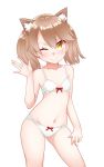  animal_ears bow bow_bra bow_panties bra brown_hair cat_ears collarbone contrapposto flat_chest groin hand_up kantai_collection kemonomimi_mode kirigakure_(kirigakure_tantei_jimusho) navel one_eye_closed orange_eyes panties ryuujou_(kantai_collection) smile solo standing twintails underwear 