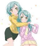  2girls absurdres aqua_hair arm_around_neck bang_dream! bangs bekomaru_(pixiv5127042) black_shorts blouse blush braid cardigan cowboy_shot eyebrows_visible_through_hair frown hair_between_eyes hand_in_hair highres hikawa_hina hikawa_sayo hug hug_from_behind leg_lift long_hair looking_back low_twintails multiple_girls open_cardigan open_clothes pink_cardigan pleated_skirt short_hair shorts siblings simple_background sisters skirt sleeves_past_wrists smile standing star twin_braids twins twintails white_background yellow_blouse yellow_eyes yellow_hoodie yellow_skirt 