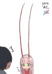  1boy 1girl absurdres bangs black_hair cloba commentary_request darling_in_the_franxx green_eyes hair_ornament hairband highres hiro_(darling_in_the_franxx) horns long_hair long_horns long_sleeves military military_uniform necktie oni_horns orange_neckwear pink_hair red_horns straight_hair uniform white_hairband zero_two_(darling_in_the_franxx) 