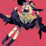 ahoge bandaid bandaid_on_face black_footwear black_hat blouse boots closed_mouth commentary_request frilled_sleeves frills hat higa423 komeiji_koishi long_sleeves red_background skirt solo third_eye touhou wide_sleeves 