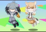  animal_ears bangs belt black_footwear black_gloves black_hair blush bodystocking breast_pocket buttons chibi closed_mouth collared_shirt commentary_request eyebrows_visible_through_hair feet_up fingerless_gloves fox_ears fox_tail fur_collar gloves grey_hair grey_legwear grey_shirt grey_shorts hair_between_eyes hands_up hayashiya_zankurou jumping kemono_friends letterboxed light_brown_hair long_hair looking_at_viewer low_ponytail multicolored_hair multiple_girls necktie no_tail open_clothes open_vest orange_hair pantyhose paw_pose pocket shirt shoebill_(kemono_friends) short_hair shorts side_ponytail sidelocks skirt tail tibetan_sand_fox_(kemono_friends) tsurime two-tone_hair vest white_footwear white_hair white_neckwear yellow_eyes 