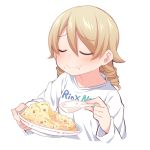  :t bangs blush closed_eyes closed_mouth clothes_writing eating eyebrows_visible_through_hair facing_viewer food food_on_face hair_between_eyes holding holding_plate holding_spoon idolmaster idolmaster_cinderella_girls light_brown_hair long_hair long_sleeves morikubo_nono plate rice rice_spoon ringlets shirt simple_background solo spoon ushi wavy_mouth white_background white_shirt 