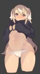  animal_ears ass_visible_through_thighs bangs bare_legs black_sweater blonde_hair blush commentary_request cowboy_shot grey_background hair_between_eyes hajime_(hajime-ill-1st) highres hood hooded_sweater knee_up lifted_by_self long_hair long_sleeves looking_at_viewer lowleg lowleg_panties navel nose_blush original panties purple_eyes sidelocks simple_background skirt skirt_lift solo sweater two_side_up underwear very_long_hair wavy_mouth white_panties 