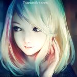  blue_eyes close-up closed_mouth face highres lips looking_to_the_side multicolored_hair original rainbow_hair short_hair solo watermark web_address wenqing_yan 