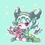  ;3 astaroth_(p&amp;d) black_bow blush bow cauchemar_(p&amp;d) chibi closed_mouth commentary_request detached_wings dress green_background green_dress green_hair green_legwear hairband horns kneehighs looking_away one_eye_closed pentagram pikomarie purple_eyes puzzle_&amp;_dragons short_hair sitting solo star stuffed_animal stuffed_toy wings 
