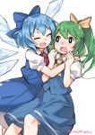 :d ^_^ ascot bangs blue_hair blush bow cirno closed_eyes daiyousei dress eyebrows_visible_through_hair fairy_wings gebyy-terar green_hair hair_bow hair_ribbon hug ice ice_wings long_hair multiple_girls open_mouth ribbon short_hair short_sleeves side_ponytail simple_background smile touhou twitter_username wavy_mouth white_background wings 