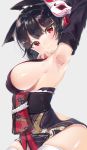  3: animal_ears arched_back arm_behind_head arm_up armpits azur_lane bangs black_hair black_kimono blush bob_cut bow breasts cat_ears cat_girl cat_mask closed_mouth commentary_request detached_sleeves dot_nose eyebrows eyebrows_visible_through_hair eyelashes floral_print from_side grey_background hair_bow hand_up head_tilt highres japanese_clothes kimono large_breasts long_sleeves looking_at_viewer looking_to_the_side mask mask_on_head obi parted_bangs print_kimono raised_eyebrows red_bow red_eyes sash shiny shiny_hair short_eyebrows short_hair short_kimono sideboob simple_background sitting slit_pupils solo tearing_up thick_eyebrows thighhighs underboob white_legwear white_mask yamashiro_(azur_lane) yayoichi_(yoruyoru108) 