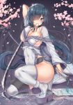 ass black_hair blue_eyes blush breasts cleavage commentary covered_navel flower hair_over_one_eye holding holding_sword holding_weapon japanese_clothes katana kimono large_breasts long_hair long_sleeves looking_at_viewer mole mole_under_eye mouth_hold nose_blush one_knee original pelvic_curtain petals petals_on_liquid pink_flower platform_footwear platform_heels ponytail ripples sideboob solo sword thighhighs thighs very_long_hair water weapon white_kimono white_legwear wide_sleeves yukishiro_arute zouri 