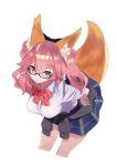  animal_ear_fluff animal_ears bangs black_bow black_sweater blue-framed_eyewear blue_skirt blush bow bowtie breasts buttons closed_mouth clothes_around_waist collared_shirt commentary_request cowboy_shot cropped_legs fate/grand_order fate_(series) fox_ears fox_tail glasses hair_bow hajime_(hajime-ill-1st) hands_on_hips highres large_breasts leaning_forward pink_hair plaid plaid_skirt red_neckwear school_uniform semi-rimless_eyewear shirt simple_background skirt sleeves_rolled_up smile solo sweater sweater_around_waist tail tamamo_(fate)_(all) tamamo_jk_(fate) two_side_up under-rim_eyewear wavy_hair white_background white_shirt yellow_eyes 