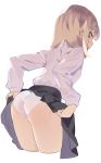  ass bangs black_skirt blonde_hair blue_eyes blush closed_mouth commentary_request cowboy_shot hajime_(hajime-ill-1st) highres leaning_forward lifted_by_self looking_at_viewer looking_back medium_hair original panties see-through shirt skirt skirt_lift solo underwear white_background white_panties white_shirt 