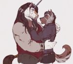  2017 5_fingers anthro anthro_on_anthro belt black_hair canine clothing equine facial_hair goatee hair horn long_hair male male/male mammal necktie pants scar shirt unicorn vetrowolf wolf 