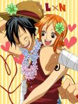  1boy 1girl black_eyes black_hair blush couple hat hug monkey_d_luffy nami_(one_piece) one_piece orange_hair pirate short_hair smile straw_hat_pirates tattoo 