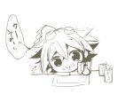  ahoge chibi eating goggles goggles_on_head greyscale male_focus monochrome rento_(rukeai) sakaki_yuuya sketch solo spiked_hair table work_in_progress yuu-gi-ou yuu-gi-ou_arc-v 