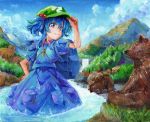  backpack bag bear blue_backpack blue_eyes blue_hair blue_shirt blue_skirt blue_sky cloud cowboy_shot cub day flat_cap forest hair_between_eyes hair_bobbles hair_ornament hand_on_headwear hand_on_hip harikona hat kawashiro_nitori key looking_at_viewer mountain nature oil_painting_(medium) outdoors pocket puffy_short_sleeves puffy_sleeves river shirt short_hair short_sleeves skirt skirt_set sky smile solo standing touhou traditional_media two_side_up wading water waterfall 