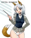  animal_ears aono3 bangs black_vest brave_witches brown_eyes character_name commentary_request cowboy_shot crotch_seam dress_shirt edytha_rossmann eyebrows_visible_through_hair fox_ears fox_tail grey_jacket hand_on_hip head_tilt holding jacket looking_at_viewer military military_uniform no_pants open_mouth panties pointer shirt short_hair silver_hair simple_background smile solo standing tail underwear uniform vest white_background white_panties white_shirt wing_collar world_witches_series 