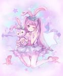  ;) animal_ears ballet_slippers blush bunny_ears cia0_cia crescent_necklace disney dress flower full_body hair_flower hair_ornament hand_up holding holding_stuffed_animal jewelry kneeling long_hair one_eye_closed pendant personification pink_footwear purple purple_dress purple_eyes slippers slippers_removed smile star stellalou stuffed_animal stuffed_bunny stuffed_toy tutu twintails 