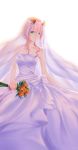  absurdres alternate_hairstyle bangs bouquet bow bridal_veil closed_mouth collarbone darling_in_the_franxx dress flower folded_hair green_eyes hair_flower hair_ornament highres holding holding_bouquet horns long_dress pink_hair red_horns simple_background solo standing strapless strapless_dress tiarii_art veil wedding_dress zero_two_(darling_in_the_franxx) 