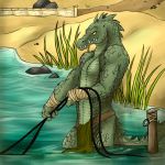  2018 alligator anthro claws clothed clothing crocodilian desert egyptian fishing green_scales loincloth male muscular muscular_male naz&#039;akh net partially_clothed reptile scales scalie solo spiked_tail standing teeth vampirika 