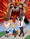  2018 absurd_res aggressive_retsuko anthro canine clothed clothing darkpawstudios digital_media_(artwork) female fennec fenneko fox fur haida hi_res hyena male mammal red_panda retsuko sanrio simple_background 