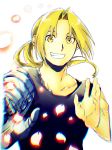  automail black_shirt blonde_hair blurry edward_elric fullmetal_alchemist hands_up happy honokaruku looking_at_viewer male_focus petals ponytail shirt simple_background sleeveless smile solo upper_body white_background yellow_eyes 