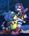  2-d_(felino) 2018 3d_glasses abdomen alley antennae anthro arthropod balls blue_hair blue_markings blue_nipples boots breasts chitin chrome_(felino) clothed clothing digital_media_(artwork) dragonfly erection eyewear felino fellatio female fishnet_topwear footwear gecko green_scales hair hand_on_head hip_grab humanoid_penis insect jacket jewelry kneeling lizard male male/female markings necklace nipples oral outside pants pants_down partially_clothed penis pussy raised_shirt reptile scales scalie semi_public sex standing white_body yellow_eyes 