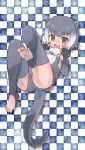  :d animal_ears ass bangs bare_shoulders barefoot breasts checkered checkered_background dot_nose elbow_gloves eyebrows eyebrows_visible_through_hair fang feet fingerless_gloves fur_collar gloves gradient_hair grey_gloves grey_hair grey_legwear grey_swimsuit heart highres kemono_friends kolshica leg_up leggings long_toenails looking_at_viewer multicolored multicolored_clothes multicolored_hair multicolored_swimsuit one-piece_swimsuit open_mouth otter_ears otter_tail sharp_toenails short_hair small-clawed_otter_(kemono_friends) small_breasts smile solo swimsuit tail toeless_legwear toenails toes tongue two-tone_hair white_hair white_swimsuit 