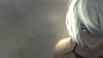  android blue_eyes commentary dirty face hair_over_eyes hair_over_one_eye mechjunk mole mole_under_mouth nier_(series) nier_automata pink_lips robot_joints short_hair silver_hair tank_top yorha_type_a_no._2 