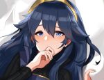  bangs bed_sheet blue_eyes blue_hair commentary dark_blue_hair face fire_emblem fire_emblem:_kakusei fire_emblem_heroes hair_between_eyes hair_ornament hairband hand_to_own_mouth long_hair long_sleeves looking_at_viewer lucina ormille ribbed_sweater solo sweater 